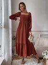 Square Neck Shirred Ruffle Hem Dress
