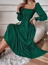 Square Neck Shirred Ruffle Hem Dress