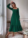 Square Neck Shirred Ruffle Hem Dress