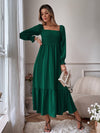 Square Neck Shirred Ruffle Hem Dress