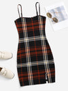 Plaid Pattern Slit Hem Cami Dress