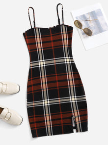  Plaid Pattern Slit Hem Cami Dress