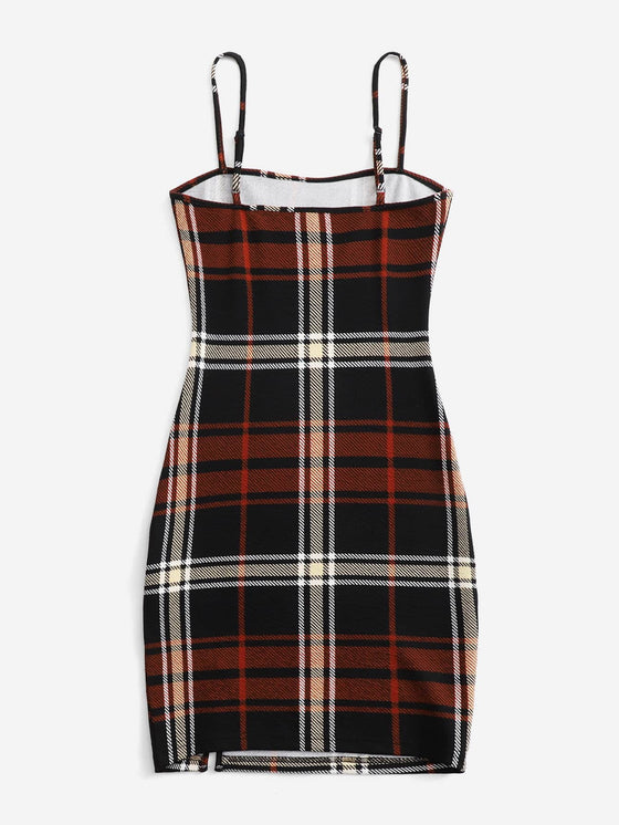 Plaid Pattern Slit Hem Cami Dress