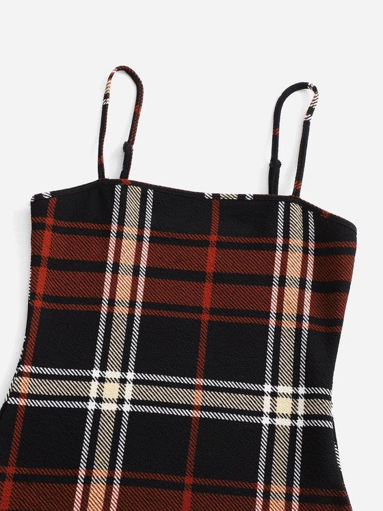 Plaid Pattern Slit Hem Cami Dress