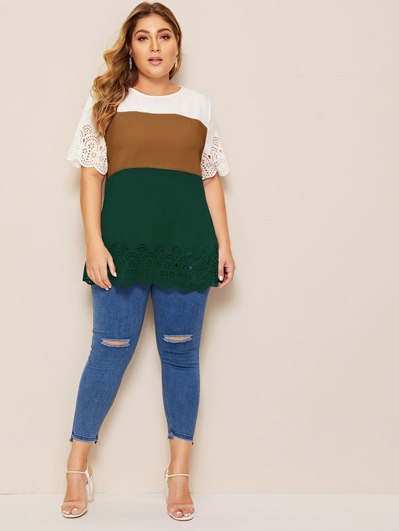 Plus Laser Cut Scalloped Trim Colorblock Blouse