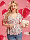 Plus Ditsy Floral Butterfly Sleeve Knot Front Peplum Blouse