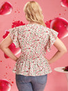 Plus Ditsy Floral Butterfly Sleeve Knot Front Peplum Blouse