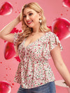 Plus Ditsy Floral Butterfly Sleeve Knot Front Peplum Blouse