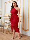 Plus One Shoulder Self Belted Wrap Hem Dress