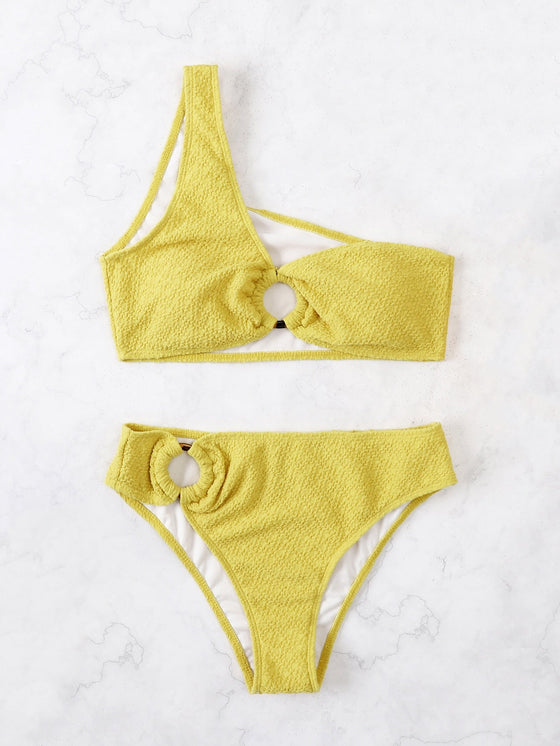 Ring Linked One Shoulder Bikini Swimsuit