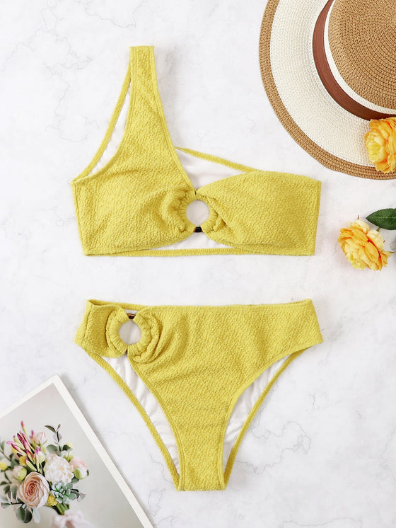 Ring Linked One Shoulder Bikini Swimsuit