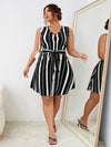 Frenchy Plus Striped Button Front Belted Dress