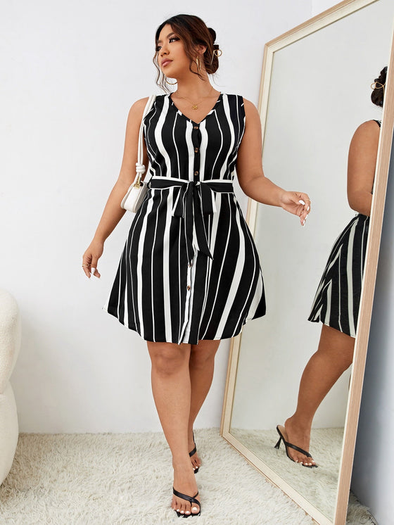 Frenchy Plus Striped Button Front Belted Dress