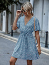 Ditsy Floral Butterfly Sleeve Belted Dress