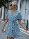 Ditsy Floral Butterfly Sleeve Belted Dress