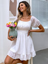 Puff Sleeve Square Neck Ruffle Hem Dress