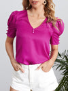 V Neck Button Puff Sleeve Blouse