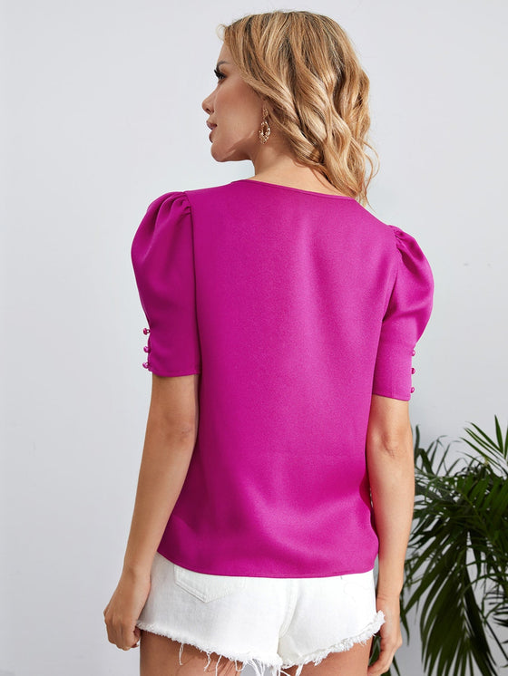 V Neck Button Puff Sleeve Blouse