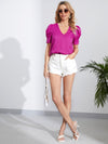 V Neck Button Puff Sleeve Blouse