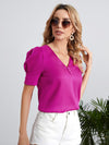 V Neck Button Puff Sleeve Blouse