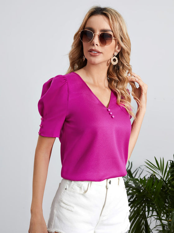 V Neck Button Puff Sleeve Blouse