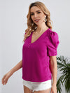 V Neck Button Puff Sleeve Blouse