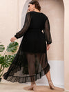 Plus Swiss Dot Lantern Sleeve Ruffle Wrap Hem Belted Dress