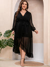 Plus Swiss Dot Lantern Sleeve Ruffle Wrap Hem Belted Dress