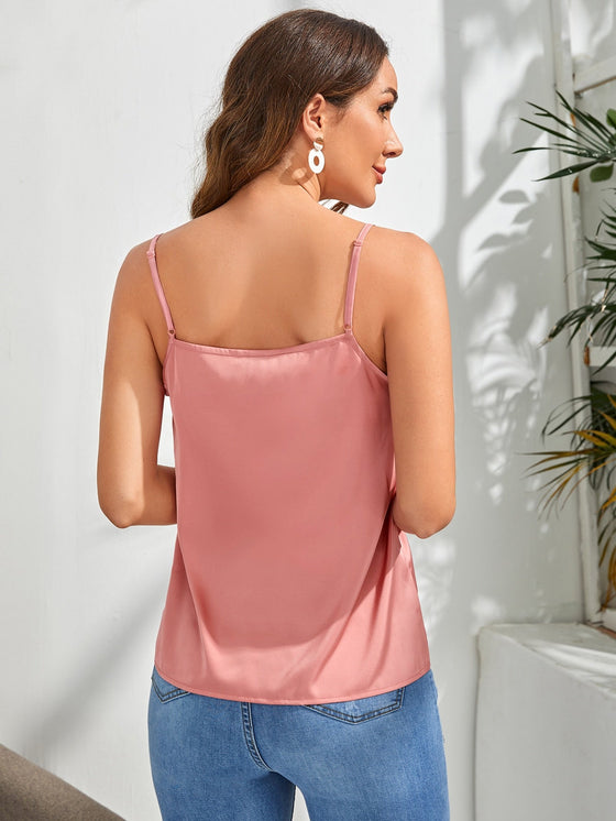 Floral Lace Trim Satin Cami Top