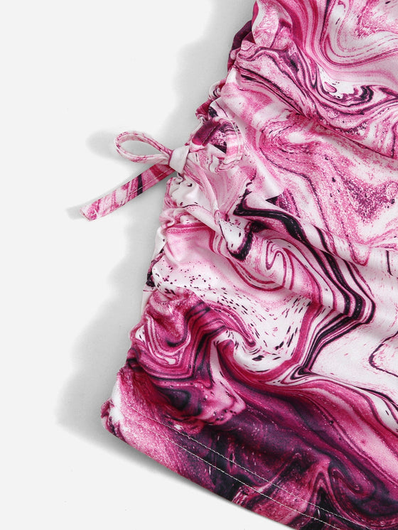 Teen Girls Marble Print Drawstring Knot Side Fitted Dress