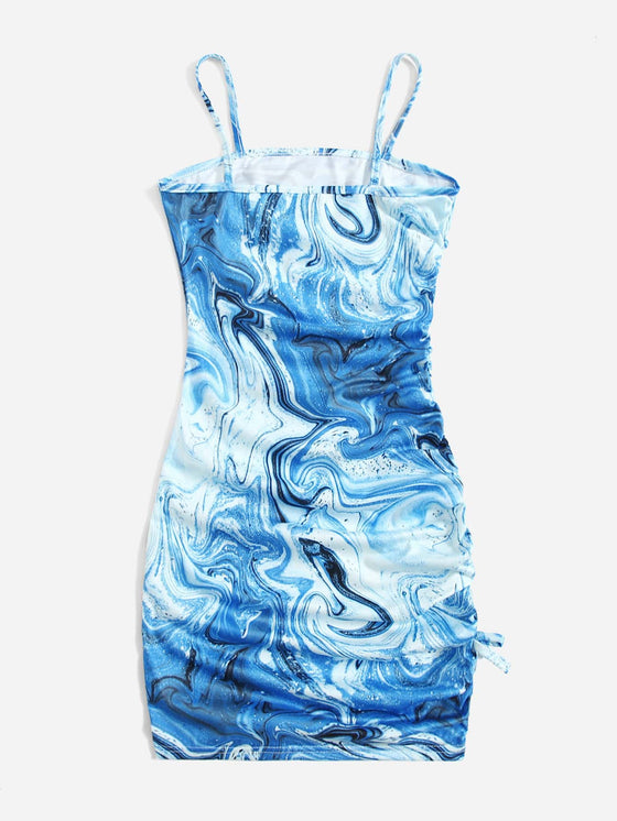 Teen Girls Marble Print Drawstring Knot Side Fitted Dress