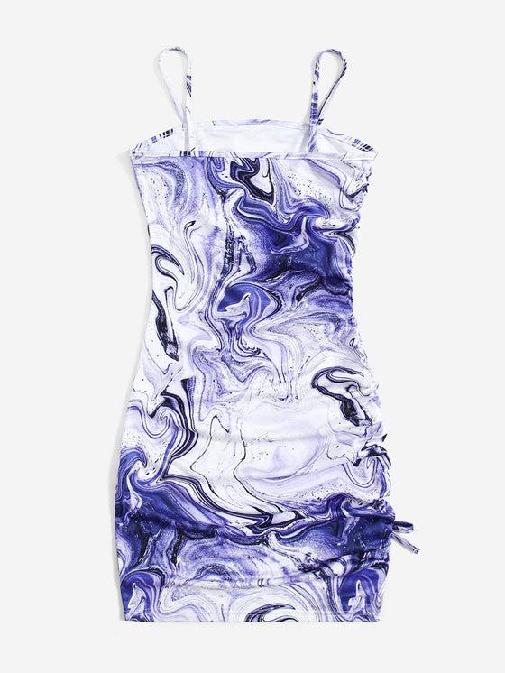 Teen Girls Marble Print Drawstring Knot Side Fitted Dress