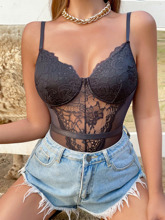 Mesh Panel Lace Bodysuit