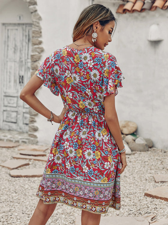 Floral Print Surplice Neck Butterfly Sleeve Dress