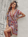 Floral Print Surplice Neck Butterfly Sleeve Dress