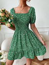 Ditsy Floral Puff Sleeve Shirred Square Neck Ruffle Hem Dress