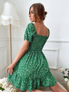 Ditsy Floral Puff Sleeve Shirred Square Neck Ruffle Hem Dress