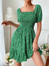 Ditsy Floral Puff Sleeve Shirred Square Neck Ruffle Hem Dress
