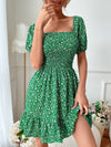 Ditsy Floral Puff Sleeve Shirred Square Neck Ruffle Hem Dress