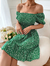 Ditsy Floral Puff Sleeve Shirred Square Neck Ruffle Hem Dress