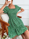 Ditsy Floral Puff Sleeve Shirred Square Neck Ruffle Hem Dress