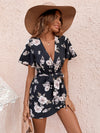 Floral Print Butterfly Sleeve Belted Romper