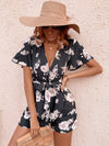 Floral Print Butterfly Sleeve Belted Romper