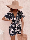 Floral Print Butterfly Sleeve Belted Romper