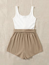 Button Front Colorblock Belted Combo Tank Romper