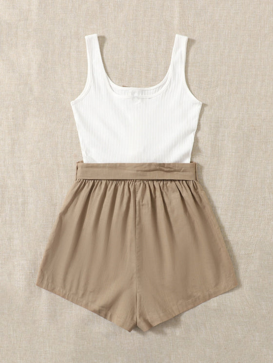 Button Front Colorblock Belted Combo Tank Romper