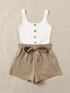 Button Front Colorblock Belted Combo Tank Romper