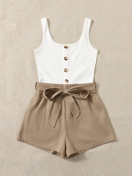 Button Front Colorblock Belted Combo Tank Romper