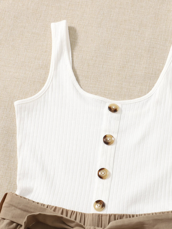 Button Front Colorblock Belted Combo Tank Romper