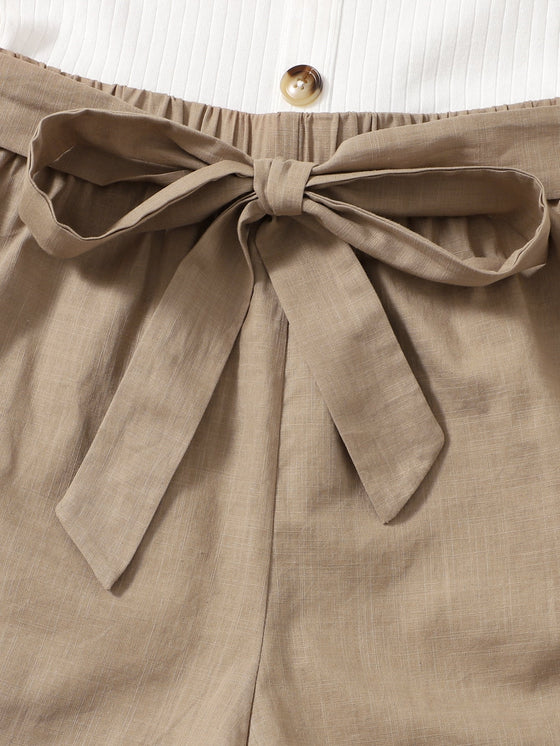 Button Front Colorblock Belted Combo Tank Romper